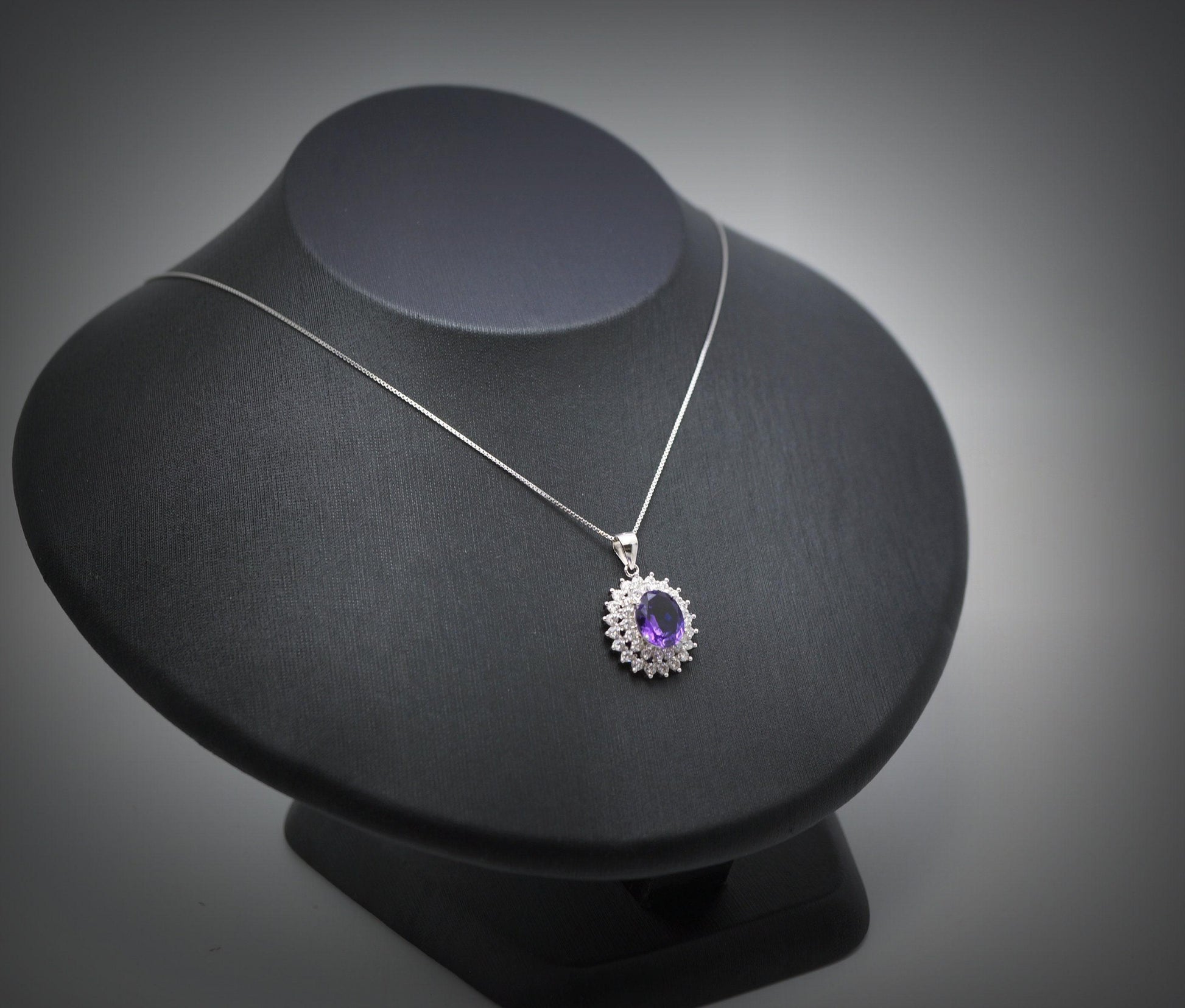 Large Genuine Amethyst Necklace - Sterling Silver Two Layer Cubic Zirconia - February Birthstone - Halo 3 CT Natural Amethyst Pendant 1116