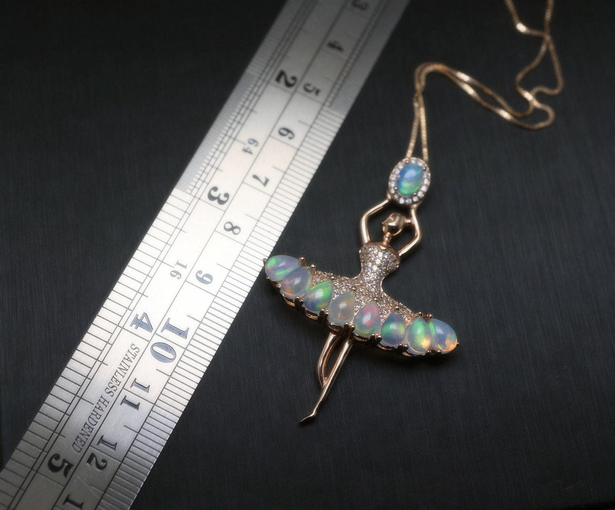 Genuine Ethiopian Opal Necklace Ballet Dancing Girl Rose Gold Sterling Silver Dancer Bridal Wedding Opal Jewelry #833
