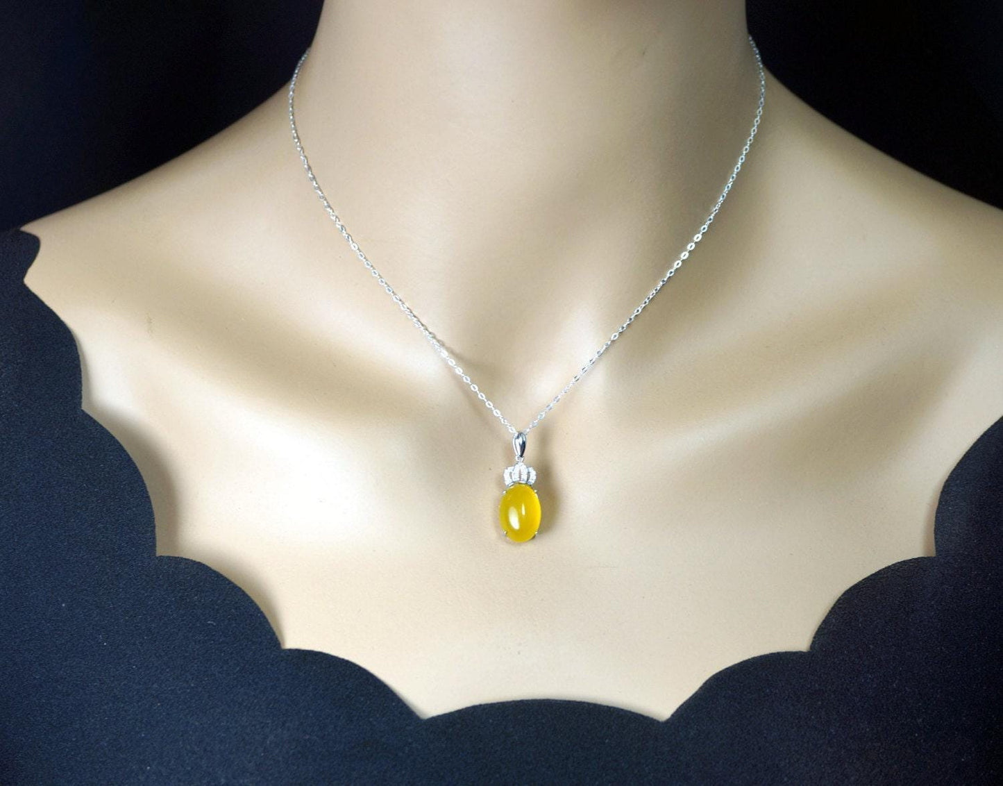 Diamond Crown Yellow Onyx Necklace White Gold Plated sterling silver chain November birthstone 1033
