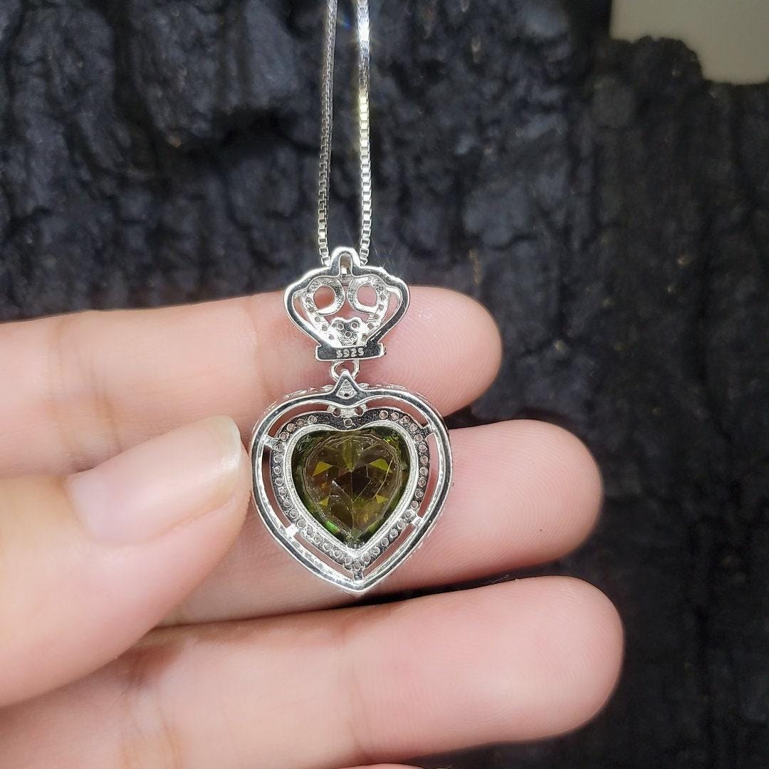 Large Green Peridot Heart Necklace - Full Sterling Silver Made Double Halo Green Heart Peridot Pendant #840