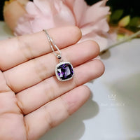 Large Square Amethyst Necklace - 18KGP @ Sterling Silver - Lab Created Synthetic Amethyst Jewelry #347