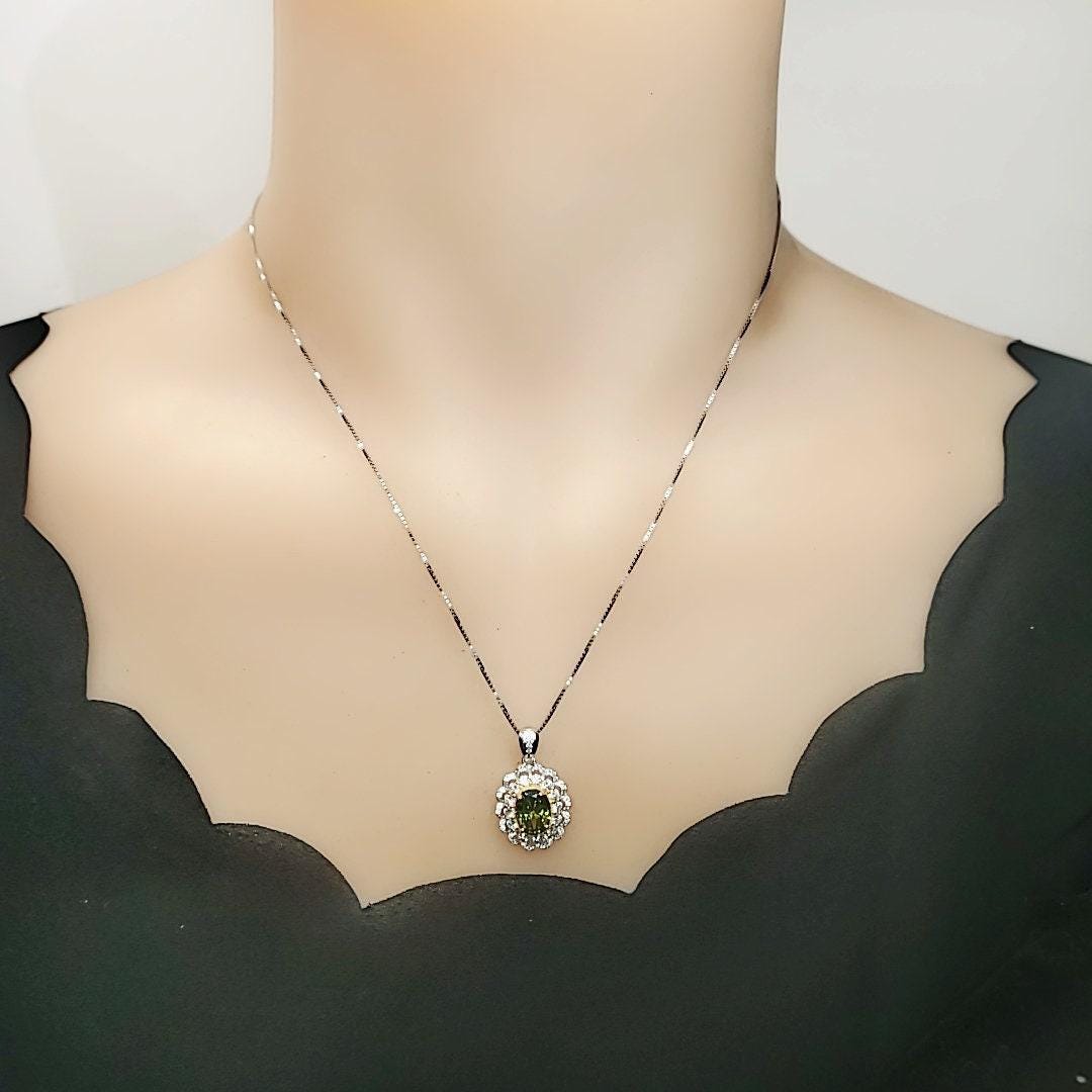 Double Gemstone Halo Peridot Necklace - White Gold coated Sterling Silver Created Green Gemstone Jewelry #677