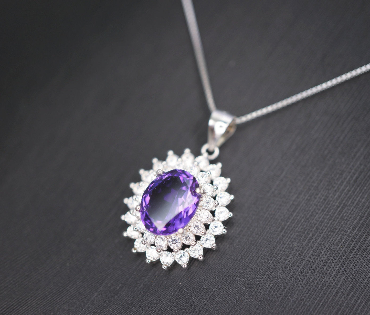 Large Genuine Amethyst Necklace - Sterling Silver Two Layer Cubic Zirconia - February Birthstone - Halo 3 CT Natural Amethyst Pendant 1116