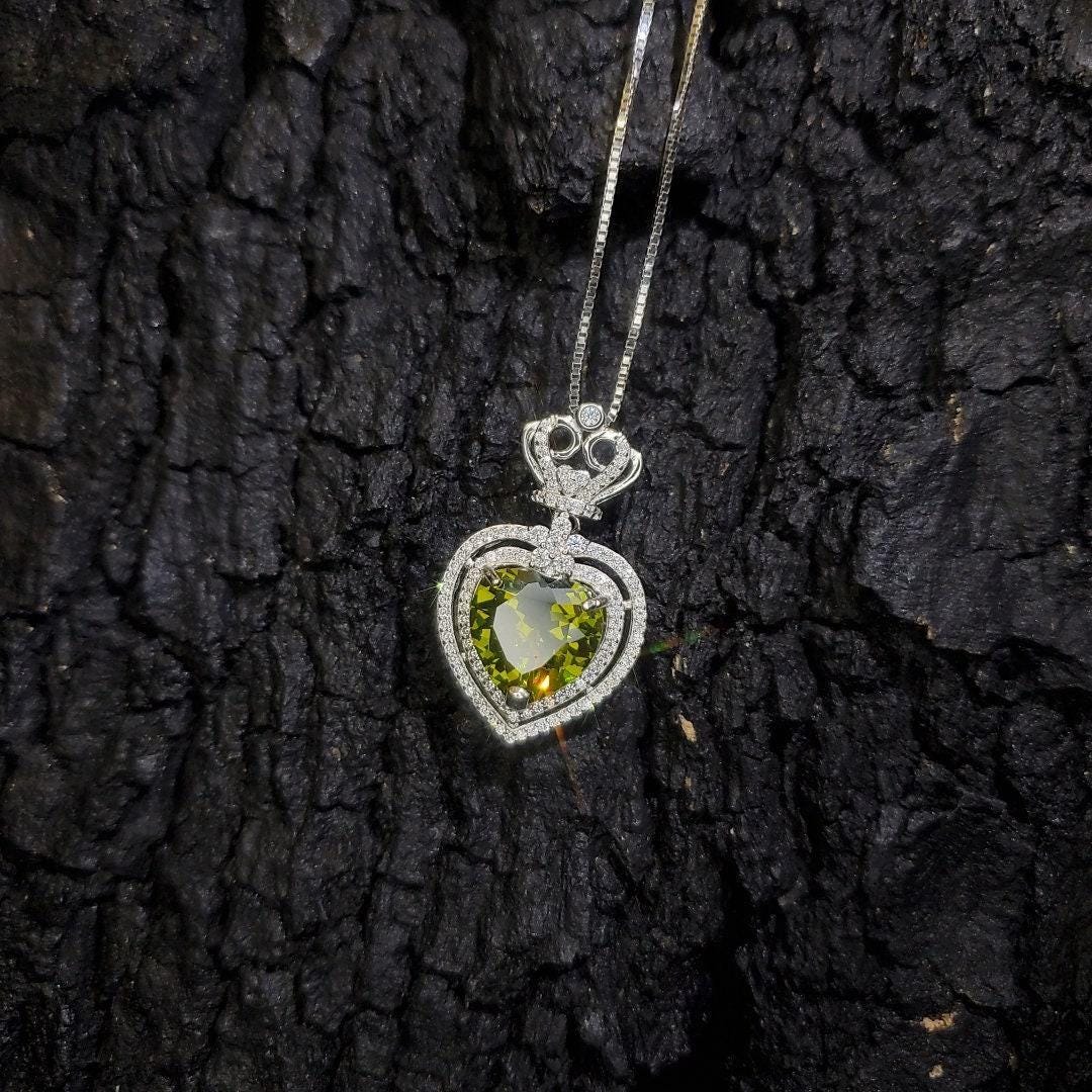 Large Green Peridot Heart Necklace - Full Sterling Silver Made Double Halo Green Heart Peridot Pendant #840
