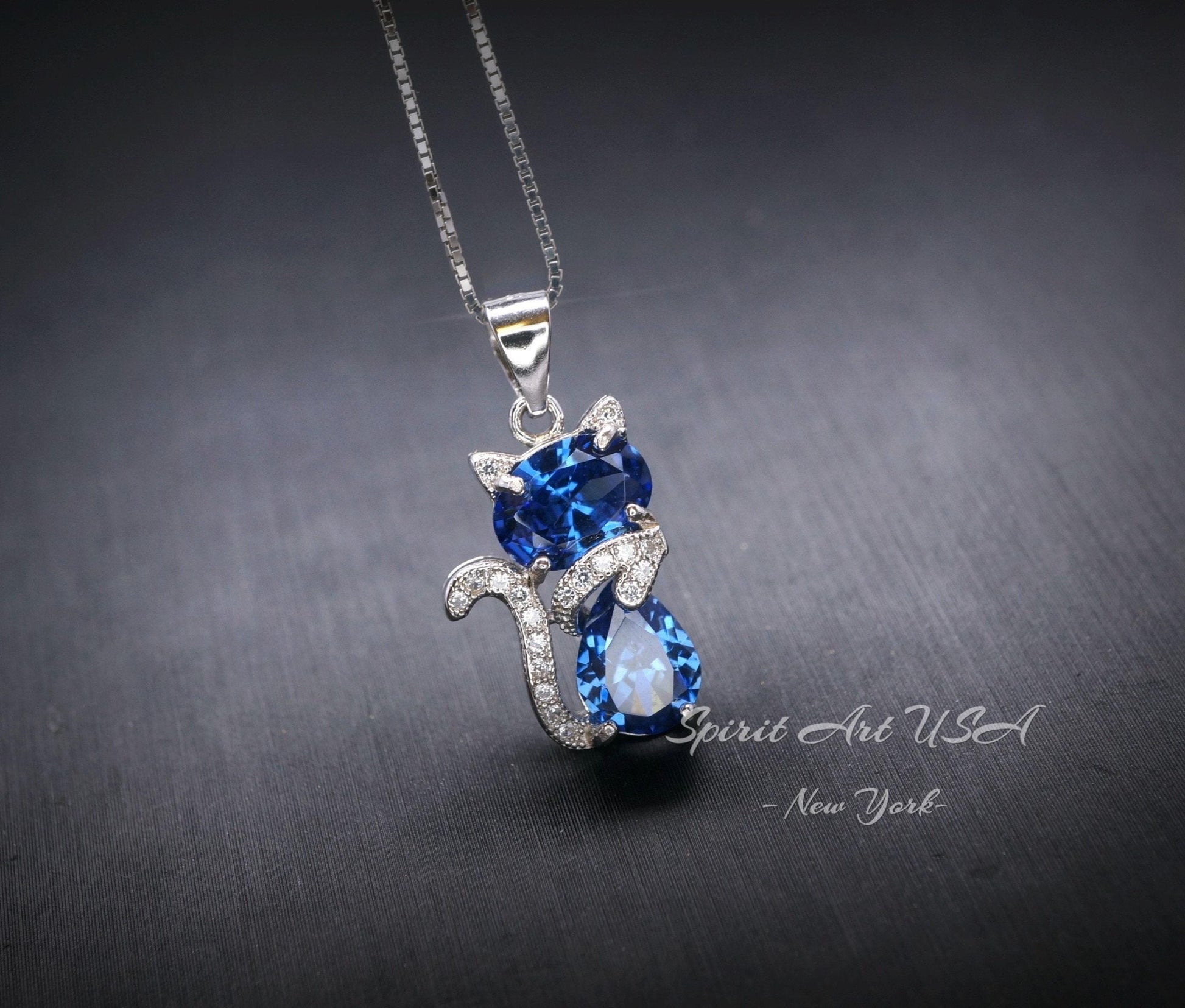 Cat Blue Sapphire Necklace, Kitty Cat Blue Sapphire Pendant Gemstone White Gold Plated Sterling Silver Pets Lover Jewelry #219