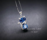 Cat Blue Sapphire Necklace, Kitty Cat Blue Sapphire Pendant Gemstone White Gold Plated Sterling Silver Pets Lover Jewelry #219