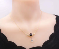 Genuine Black Pearl Necklace, Gold coated sterling Silver Teardrop Cubic Zirconia Black Pearl Jewelry #735