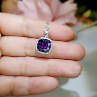 Large Square Amethyst Necklace - 18KGP @ Sterling Silver - Lab Created Synthetic Amethyst Jewelry #347