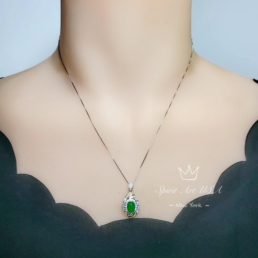 Gemstone Flower Green Jade Necklace - White Gold Coated Sterling Silver Oval Jade Jewelry #672