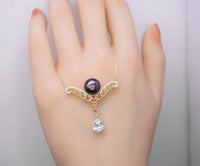 Genuine Black Pearl Necklace, Gold coated sterling Silver Teardrop Cubic Zirconia Black Pearl Jewelry #735