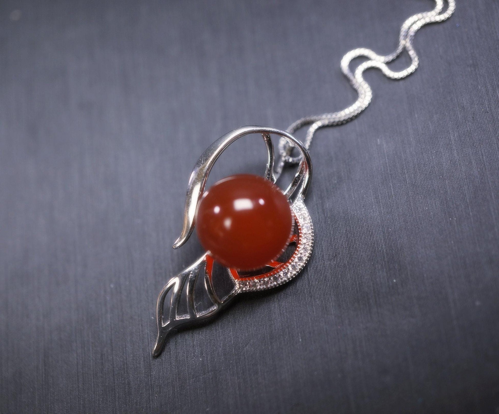 Sterling Silver Red Carnelian Necklace 925 Silver Flower Leaf Red Stone Energy Red Carnelian Jewelry #352