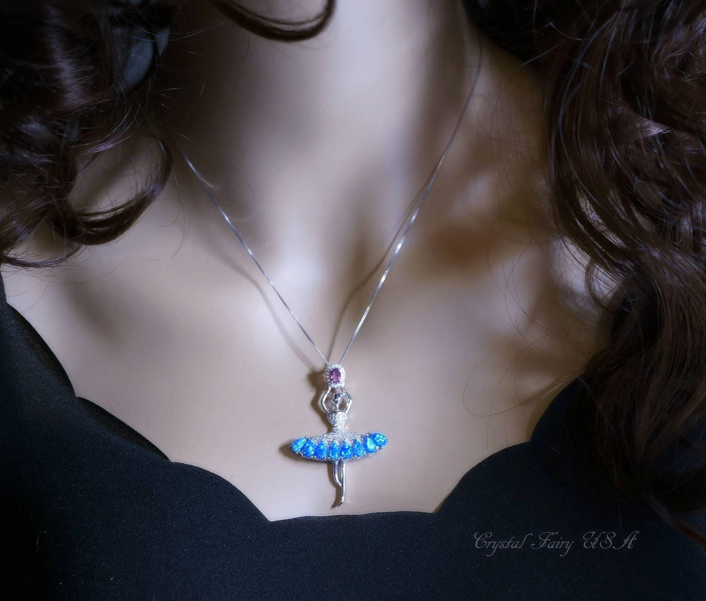 Opal Necklace - sterling silver - Sim Gemstone - 18KGP - White Blue Opal Pendant - Ballerina Ballet Dancing Girl - Dancer Jewelry #832