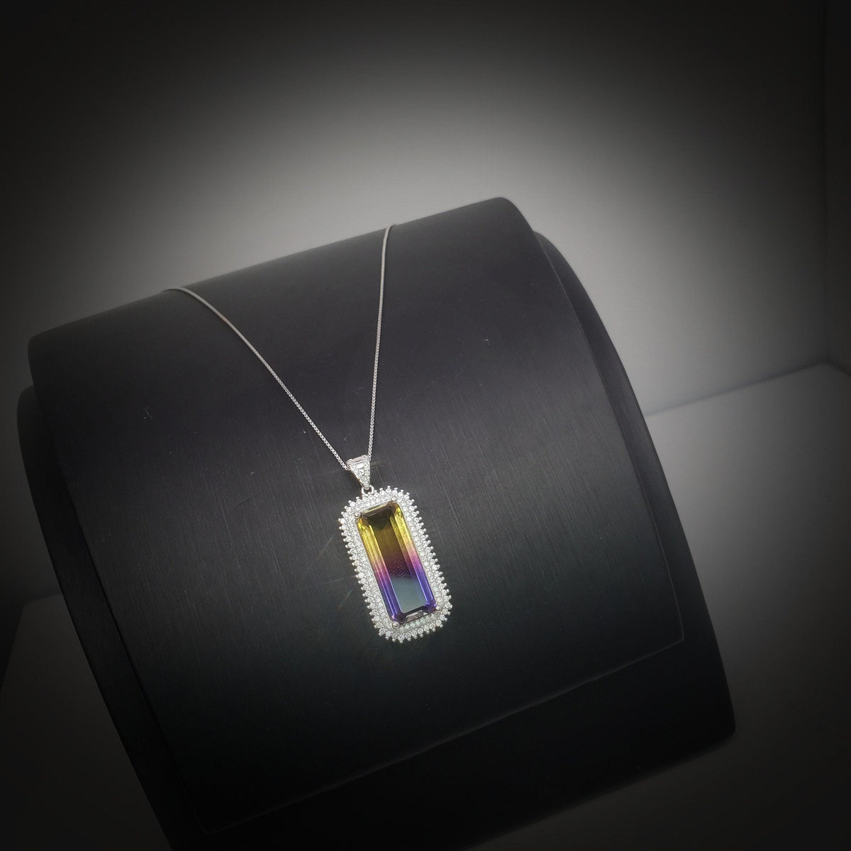 Created Ametrine Necklace - Sterling Silver Long Rectangle Amethyst Large Cubic Zirconia Necklace #865
