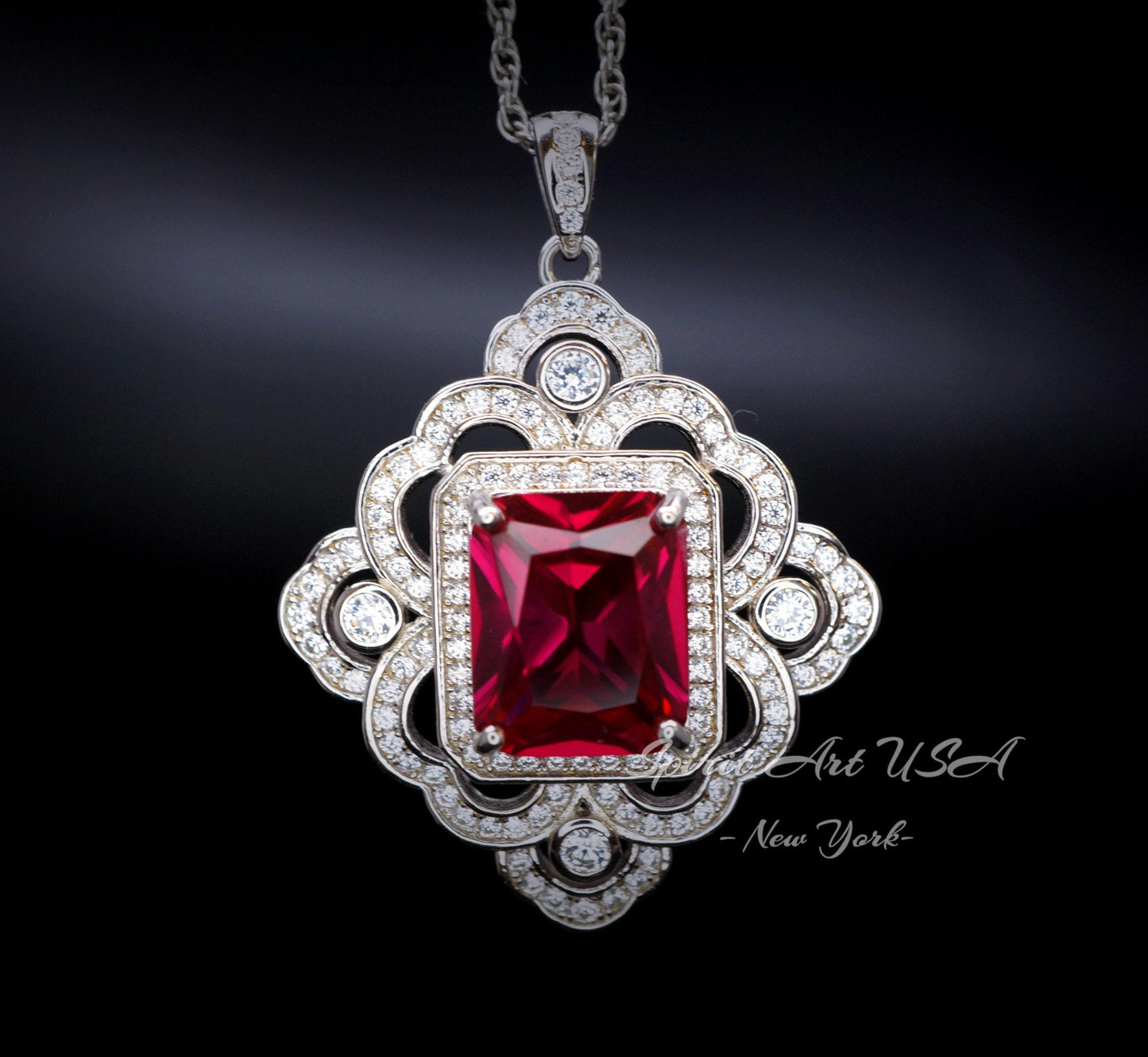 Large Red Ruby Necklace - Faceted Rectangle 5 CT Red Ruby Pendant - Gemstone Flower of Prosperity - 18GP Sterling Silver - Scissor Cut #827