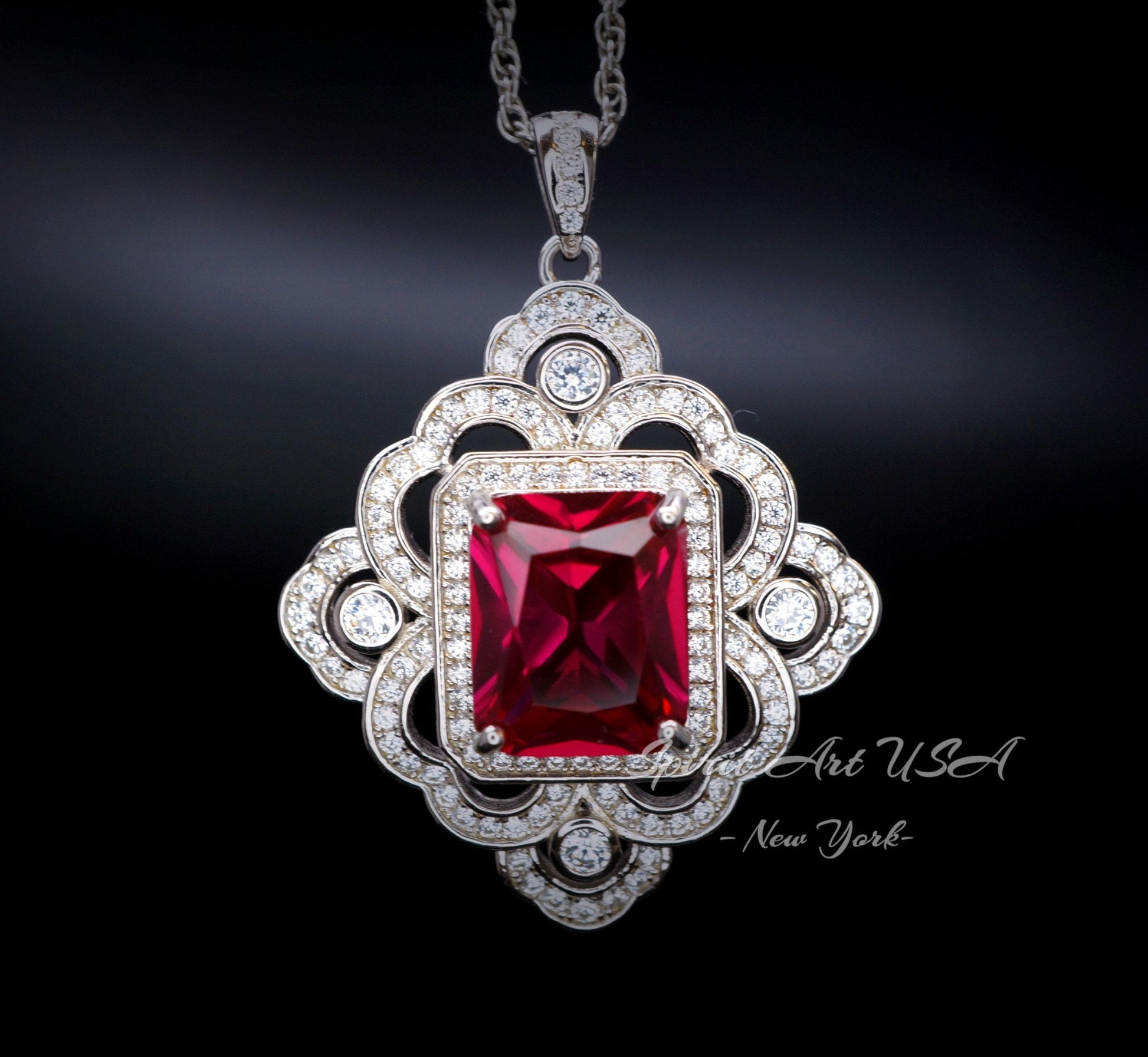 Large Red Ruby Necklace - Faceted Rectangle 5 CT Red Ruby Pendant - Gemstone Flower of Prosperity - 18GP Sterling Silver - Scissor Cut #827
