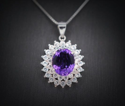 Large Genuine Amethyst Necklace - Sterling Silver Two Layer Cubic Zirconia - February Birthstone - Halo 3 CT Natural Amethyst Pendant 1116