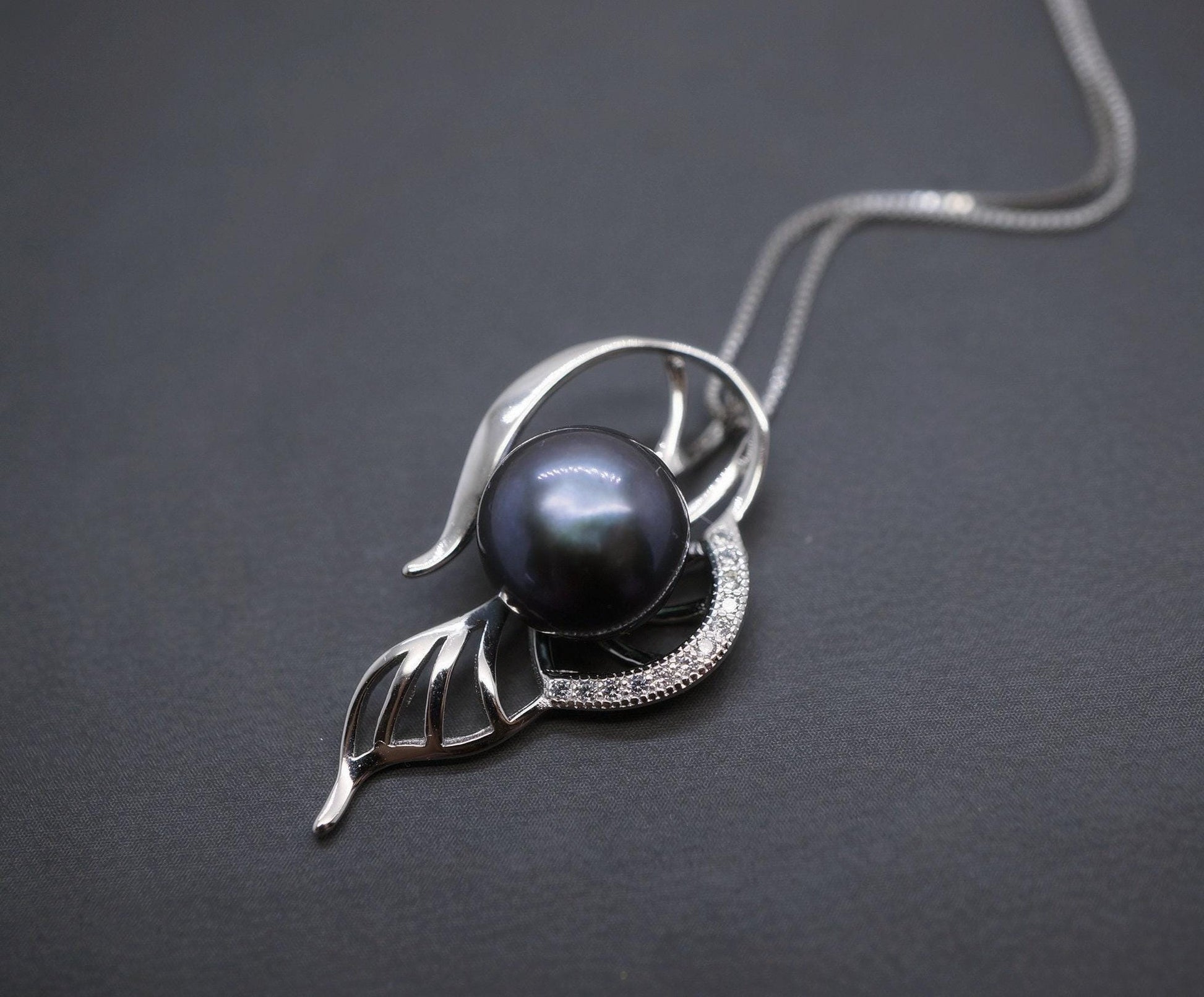 Genuine Black Pearl Necklace - Sterling Silver Leaf Single Pearl Jewelry #467