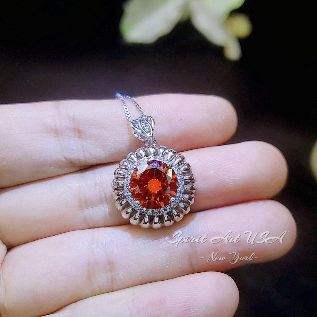 Tangerine Sapphire Sunstone Necklace - 18KGP Sunflower Pendant Full Sterling Silver Sunstone Jewelry Orange Spessartite Garnet Necklace #506