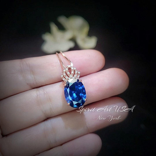 Sapphire Necklace Rose gold Sterling Silver - Large Gemstone Crown - 5 CT Oval Cut Lab Created Blue Sapphire Pendant #829