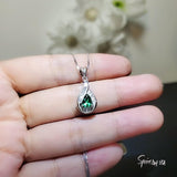 Tiny Teardrop Emerald Necklace - 18KGP @ Sterling Silver - Gemstone Halo Simple Class Minimalist Emerald Pendant #251