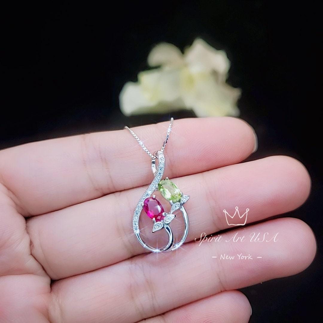 Dainty Ruby Necklace, Sterling Silver Green Peridot Necklace, Delicate Gemstone Flower High Quality Red Ruby Peridot Pendant #237