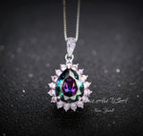 Rainbow Mystic Topaz Necklace - Pink Tourmaline Surrounded Halo - Teardrop Solitaire Pear Cut Mystic Topaz Pendant - 18kgp 925 Silver #967