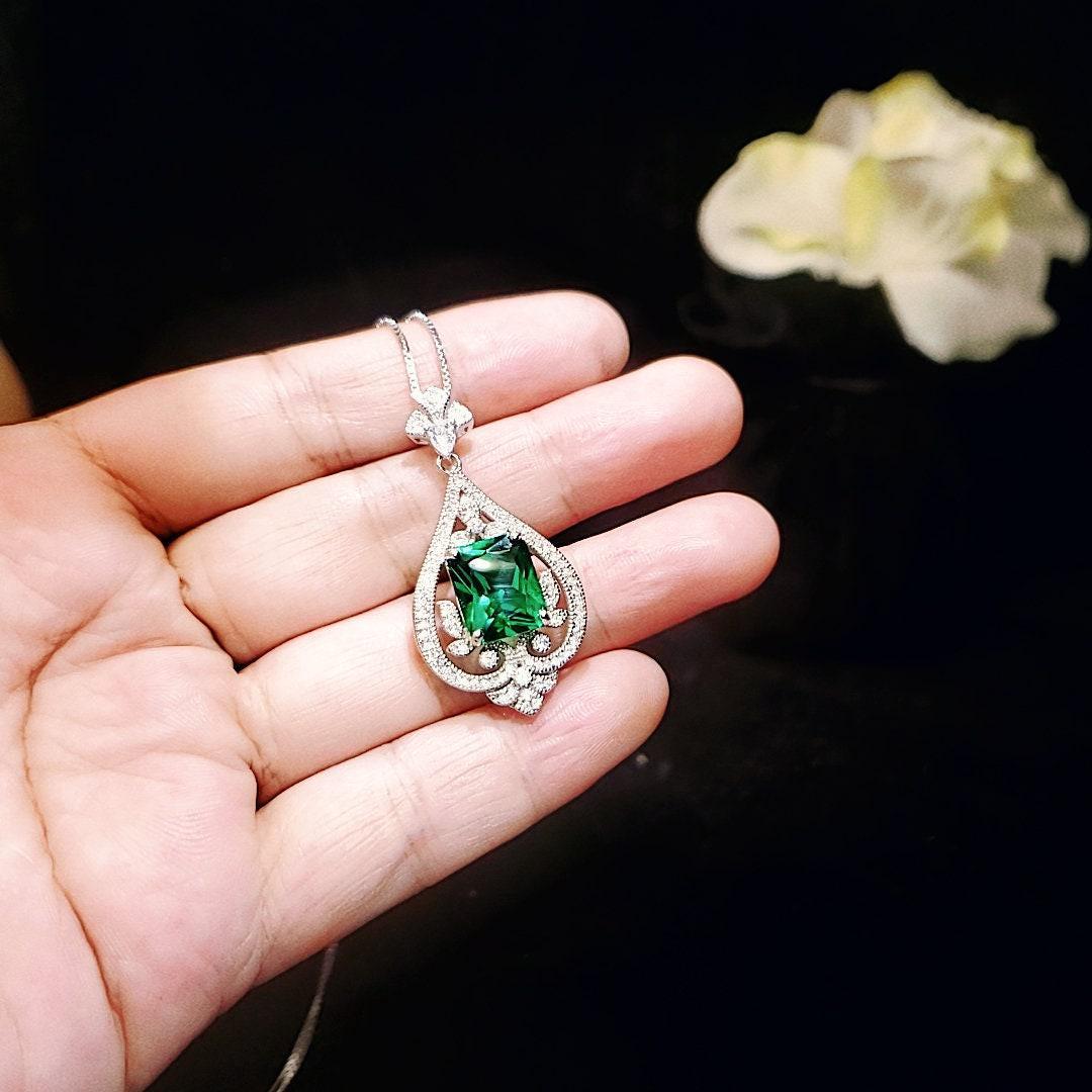 Emerald Necklace Diamond Royal Spirit Flower Jewelry 5 Ct Radiant Cut Created Emerald Pendant - 18KGP Sterling Silver Emerald Jewelry #985