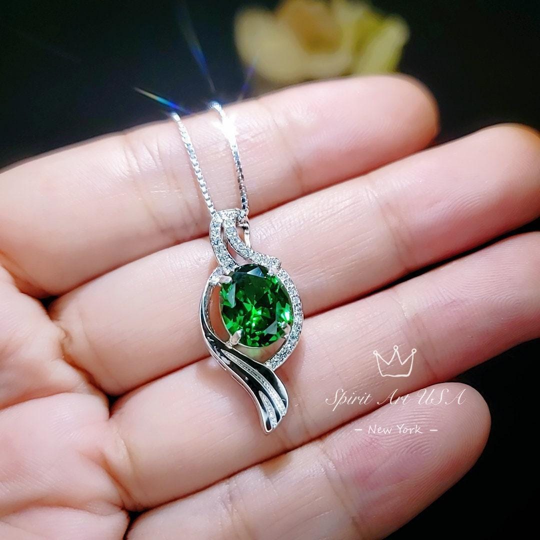 Large Gemstone Wave Emerald Necklace White Gold coated Sterling Silver 2.8 CT Green Oval Emerald Pendant #611