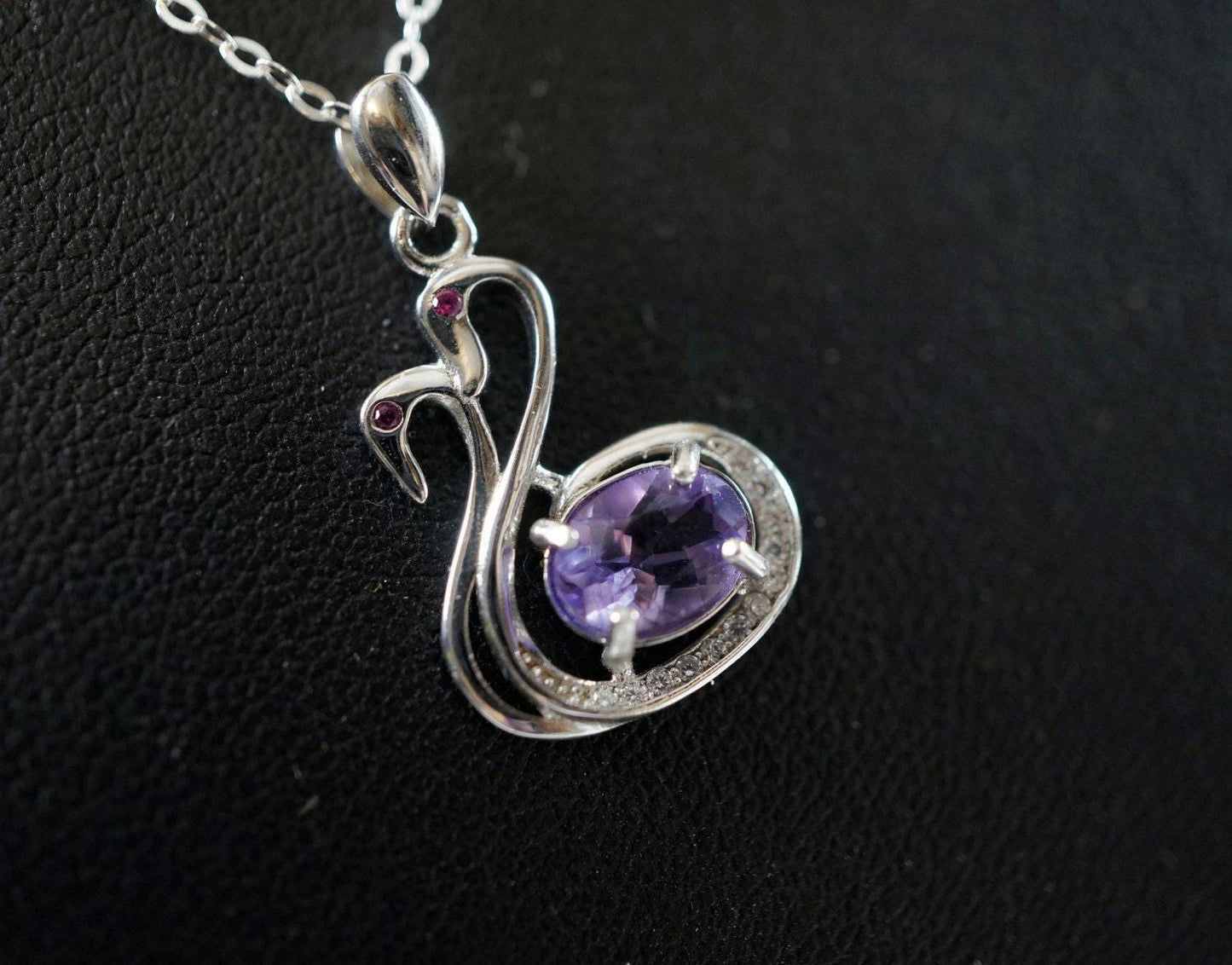 Natural Amethyst Necklace - Tiny Sterling Silver Couple Swan Necklace, Tiny Genuine Amethyst Pendant , Bird Animal Yoga Jewelry 1109