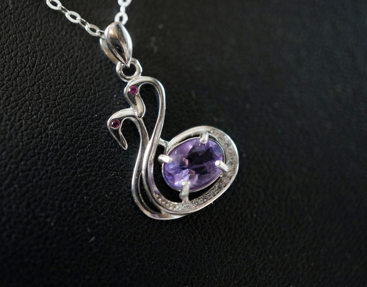 Natural Amethyst Necklace - Tiny Sterling Silver Couple Swan Necklace, Tiny Genuine Amethyst Pendant , Bird Animal Yoga Jewelry 1109