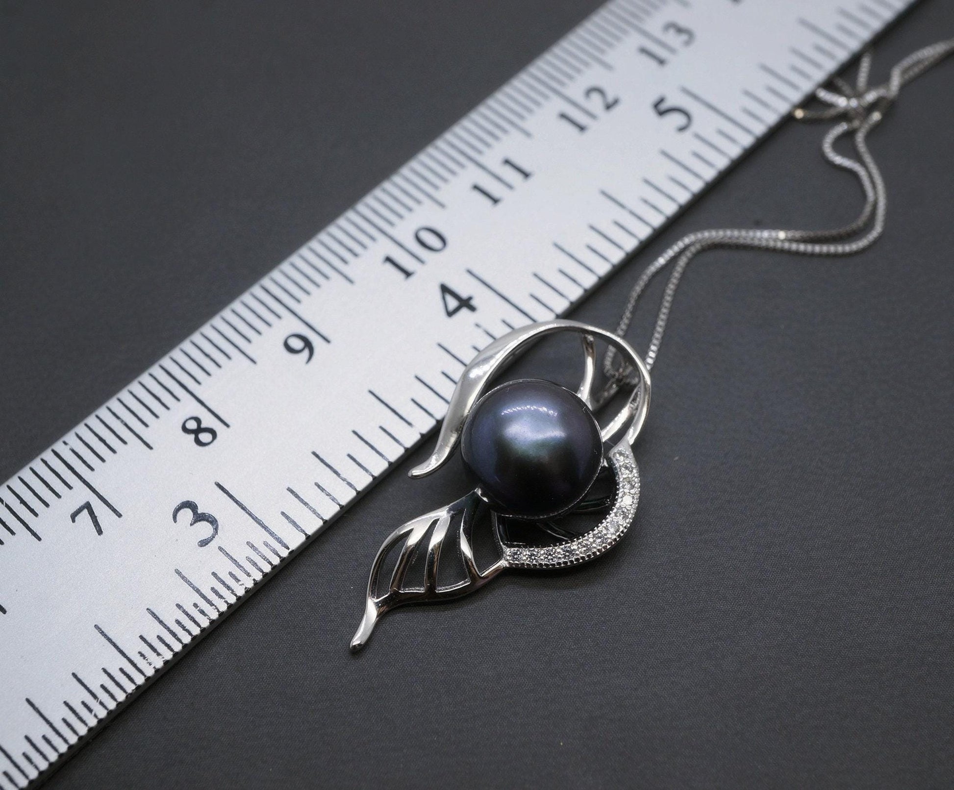 Genuine Black Pearl Necklace - Sterling Silver Leaf Single Pearl Jewelry #467