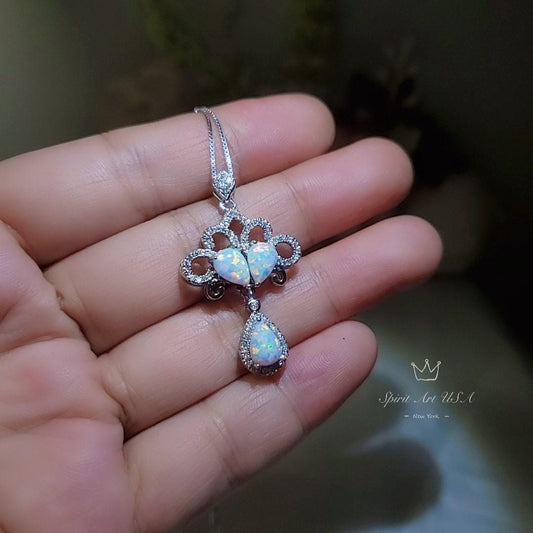 Sterling Silver Opal Tassel Necklace - Fire White Opal Wedding Bridal Gemstone Pendant, Flower Phoenix Jewelry #621