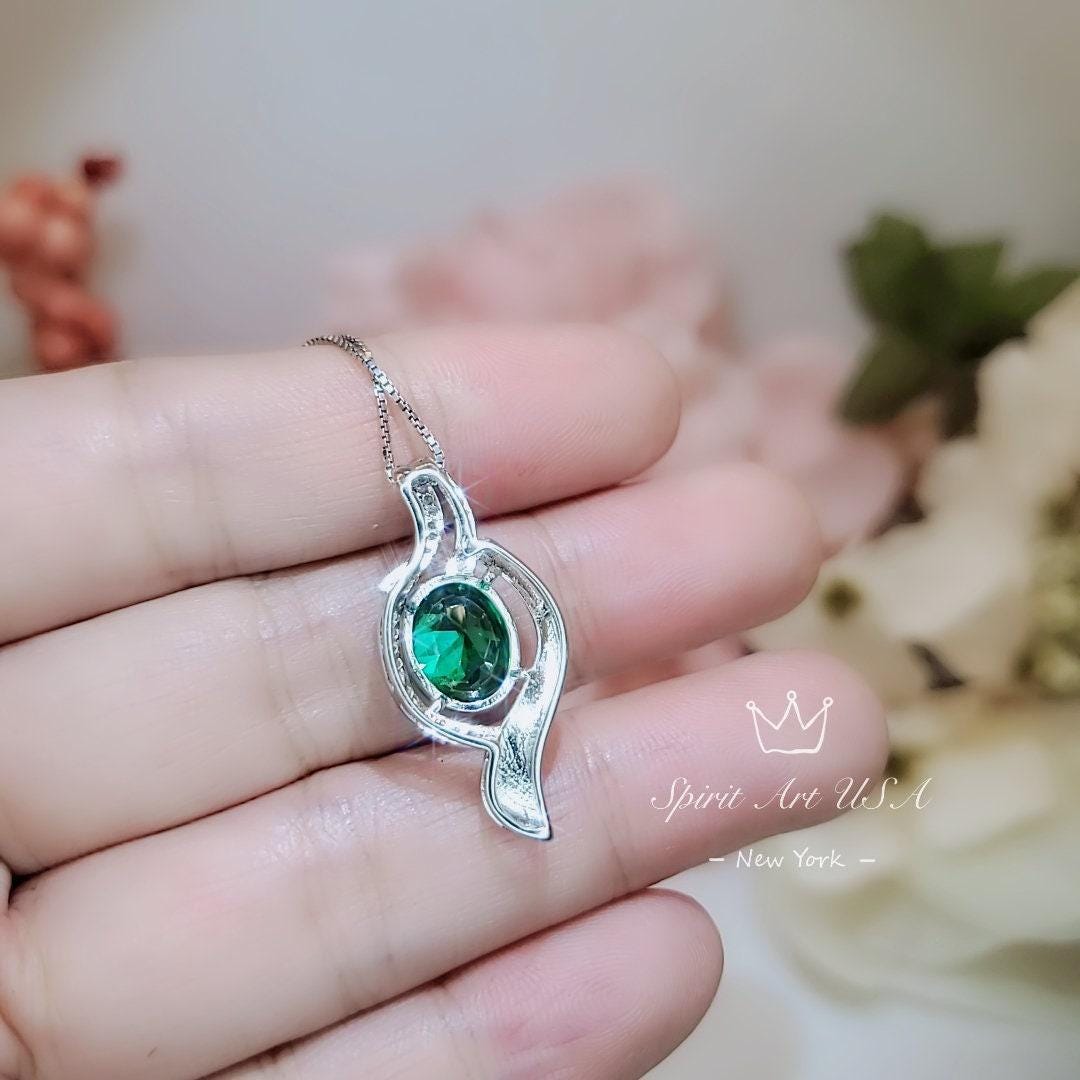 Large Gemstone Wave Emerald Necklace White Gold coated Sterling Silver 2.8 CT Green Oval Emerald Pendant #611