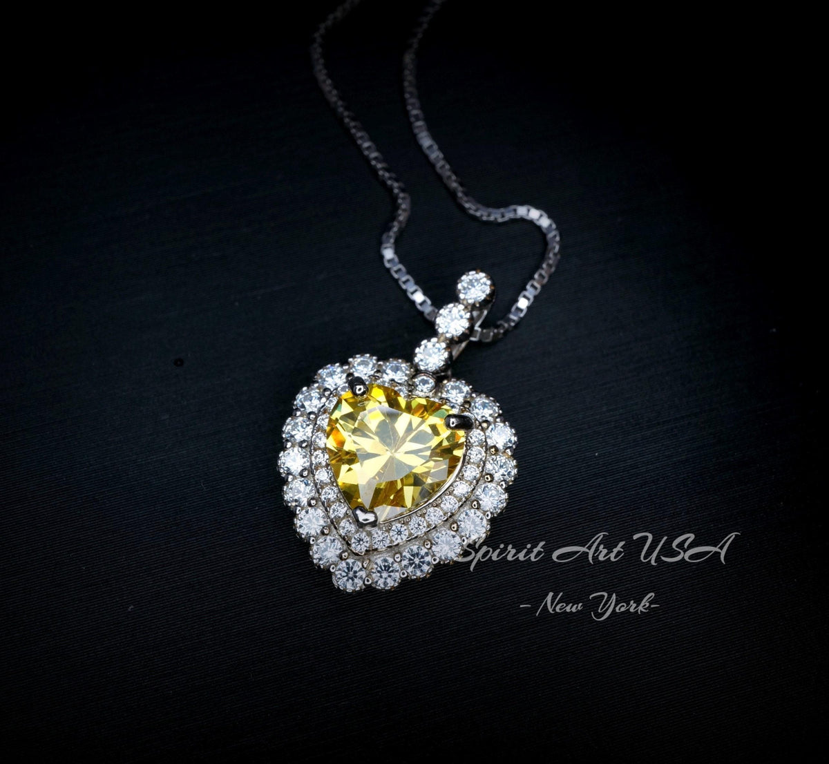Created Yellow Moissanite Diamond Necklace - Double Halo Heart Necklace - Yellow Gemstone Pendant - 18kGP & 925 Sterling Silver 1094