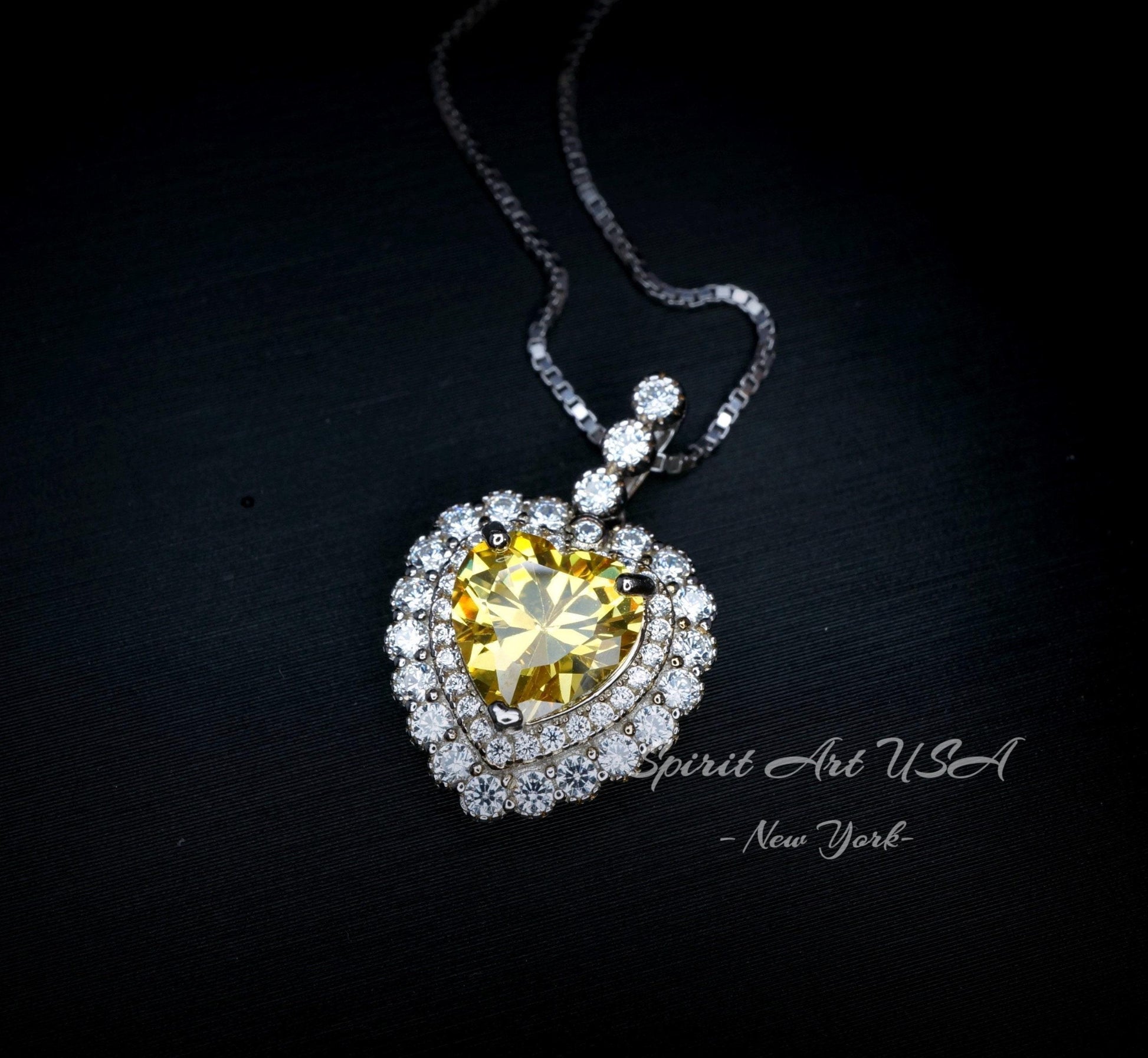 Created Yellow Moissanite Diamond Necklace - Double Halo Heart Necklace - Yellow Gemstone Pendant - 18kGP & 925 Sterling Silver 1094