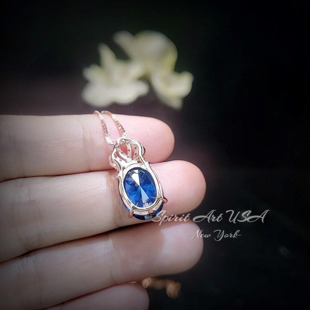 Sapphire Necklace Rose gold Sterling Silver - Large Gemstone Crown - 5 CT Oval Cut Lab Created Blue Sapphire Pendant #829