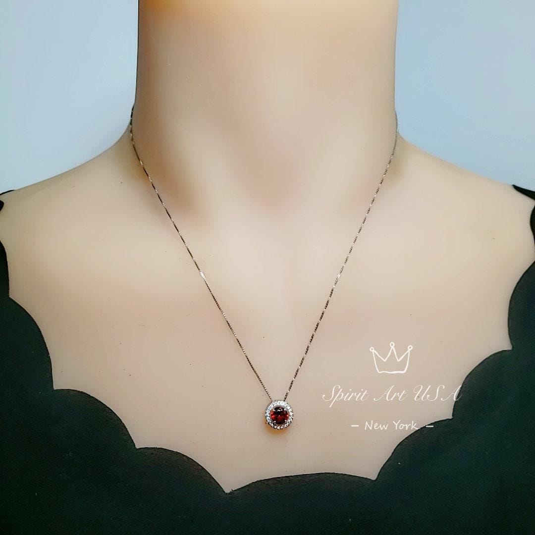 Tiny Red Garnet Necklace Sterling Silver January Birthstone Mini Round Garnet Choker, 925 Minimalist Box Chain Luck Circle Pendant 038