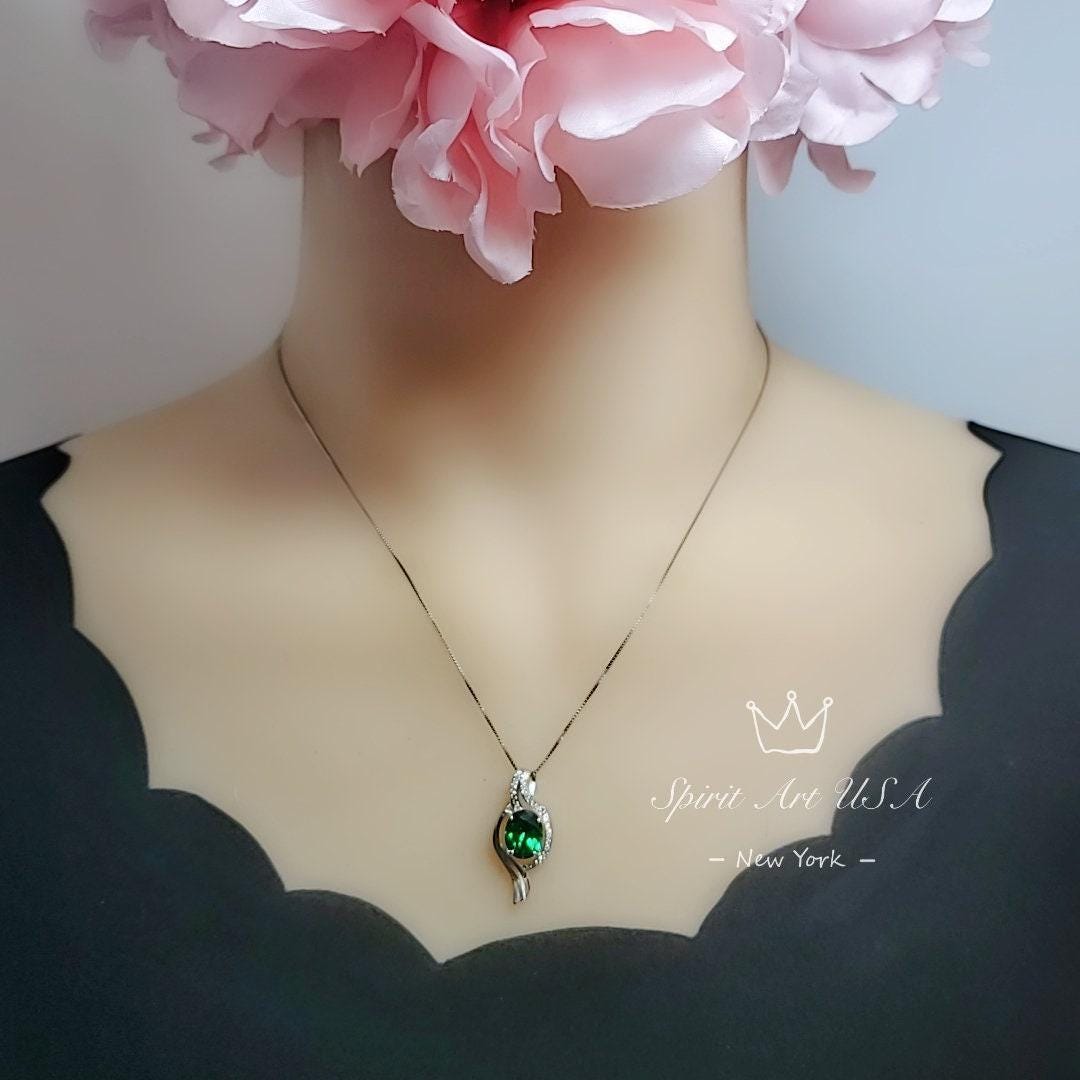 Large Gemstone Wave Emerald Necklace White Gold coated Sterling Silver 2.8 CT Green Oval Emerald Pendant #611
