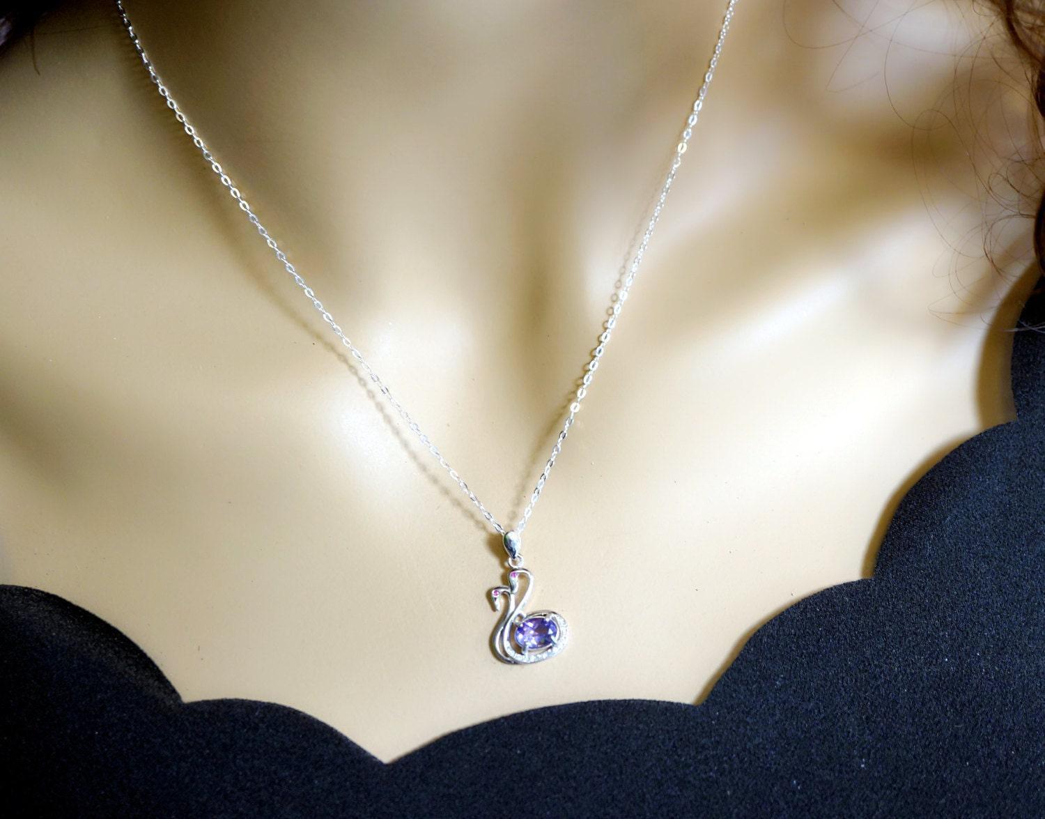 Natural Amethyst Necklace - Tiny Sterling Silver Couple Swan Necklace, Tiny Genuine Amethyst Pendant , Bird Animal Yoga Jewelry 1109