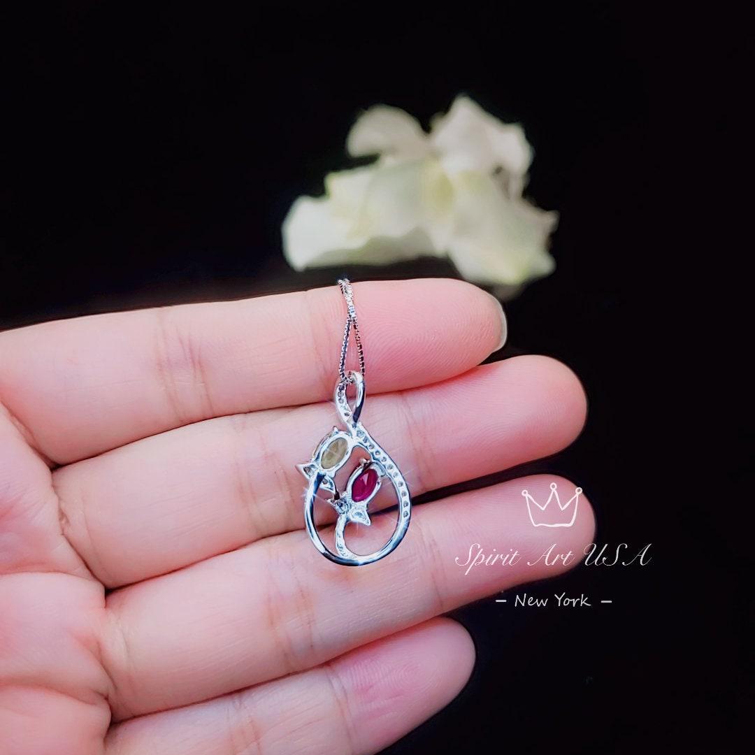 Dainty Ruby Necklace, Sterling Silver Green Peridot Necklace, Delicate Gemstone Flower High Quality Red Ruby Peridot Pendant #237