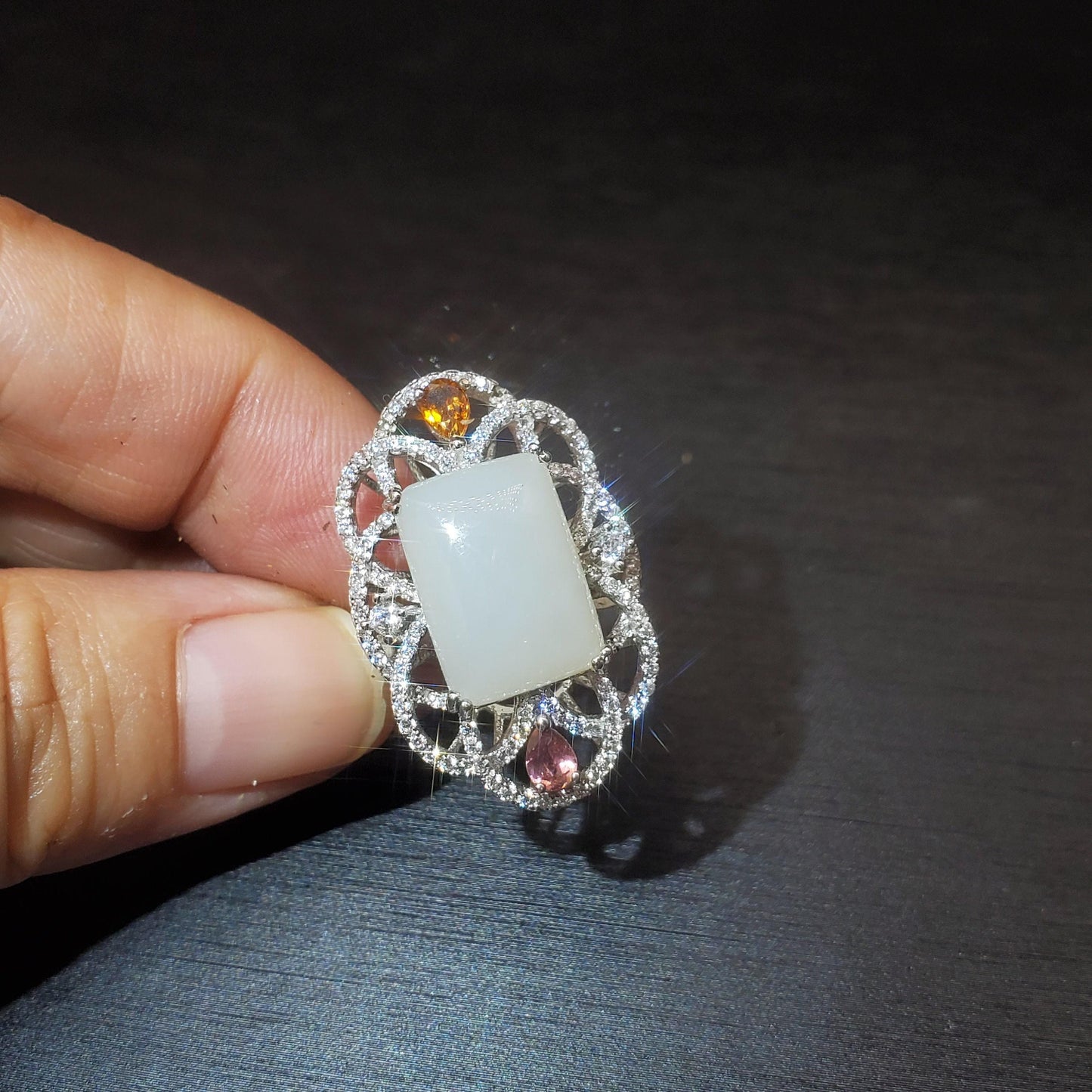 Genuine White Jade Ring Sterling Silver Jade Jewelry 1075