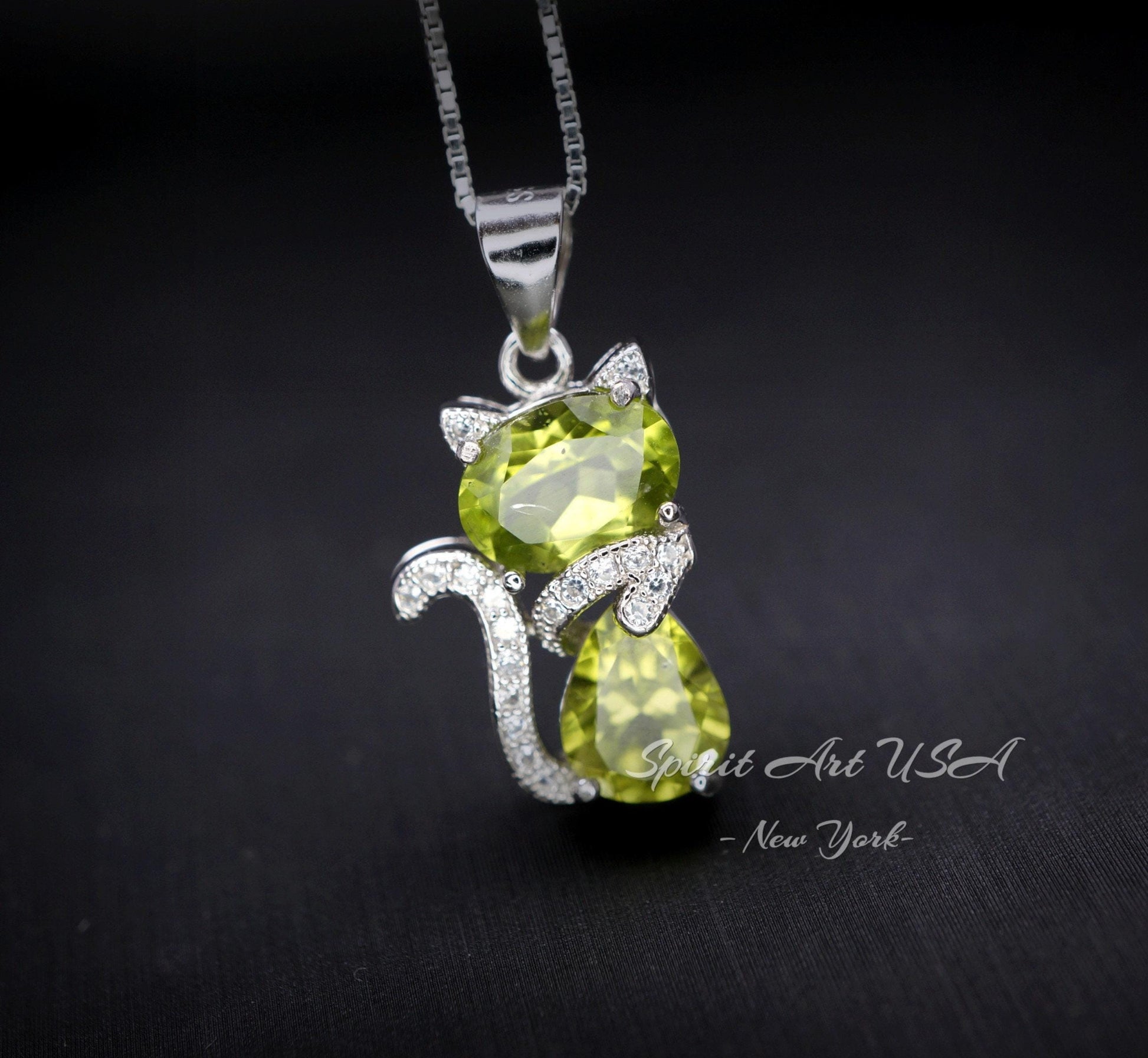 Genuine Peridot Necklace Sterling Silver Cat Kitty Necklace - Natural Green Peridot Pendant - 925 Silver Heart Chakra Pedridot Jewelry #222