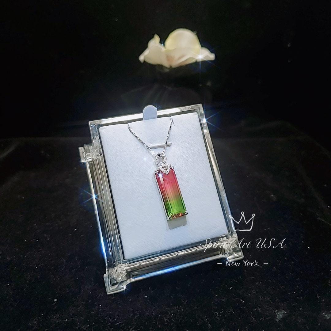 Watermelon Tourmaline Rectangle Necklace full Sterling Silver Rainbow Pink Lab Created Tourmaline Pendant #978