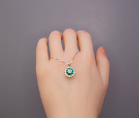 Green Emerald Necklace - Sterling Silver Princess Diana Style Sunflower Style - May Birthstone 2 Ct Lab 8mm Emerald Pendant #241