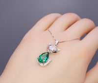 Emerald Necklace - Sterling Silver Green Gemstone Fox Pendant - 18KGP - Emerald Pets Lover Necklace #436