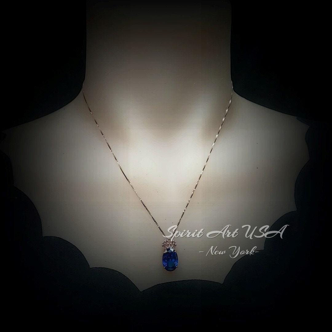 Sapphire Necklace Rose gold Sterling Silver - Large Gemstone Crown - 5 CT Oval Cut Lab Created Blue Sapphire Pendant #829