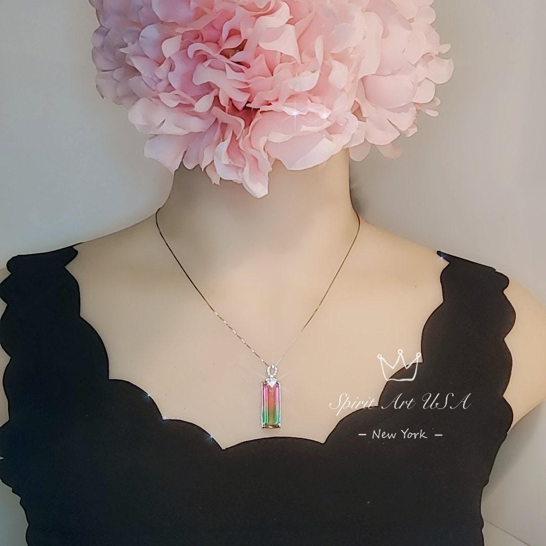 Watermelon Tourmaline Rectangle Necklace full Sterling Silver Rainbow Pink Lab Created Tourmaline Pendant #978
