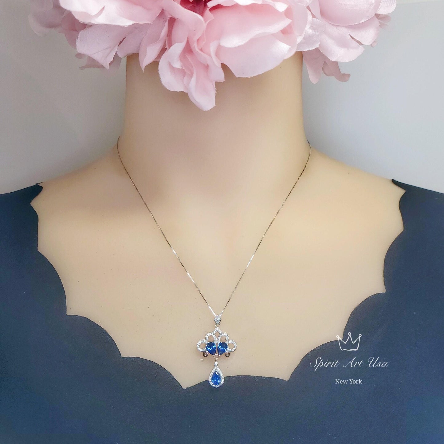 Tanzanite Necklace - Peacock Flowers Pendant - 18KGP @ Sterling Silver - Gemstone Tassel Teardrop Lab Created Blue Tanzanite Pendant #748