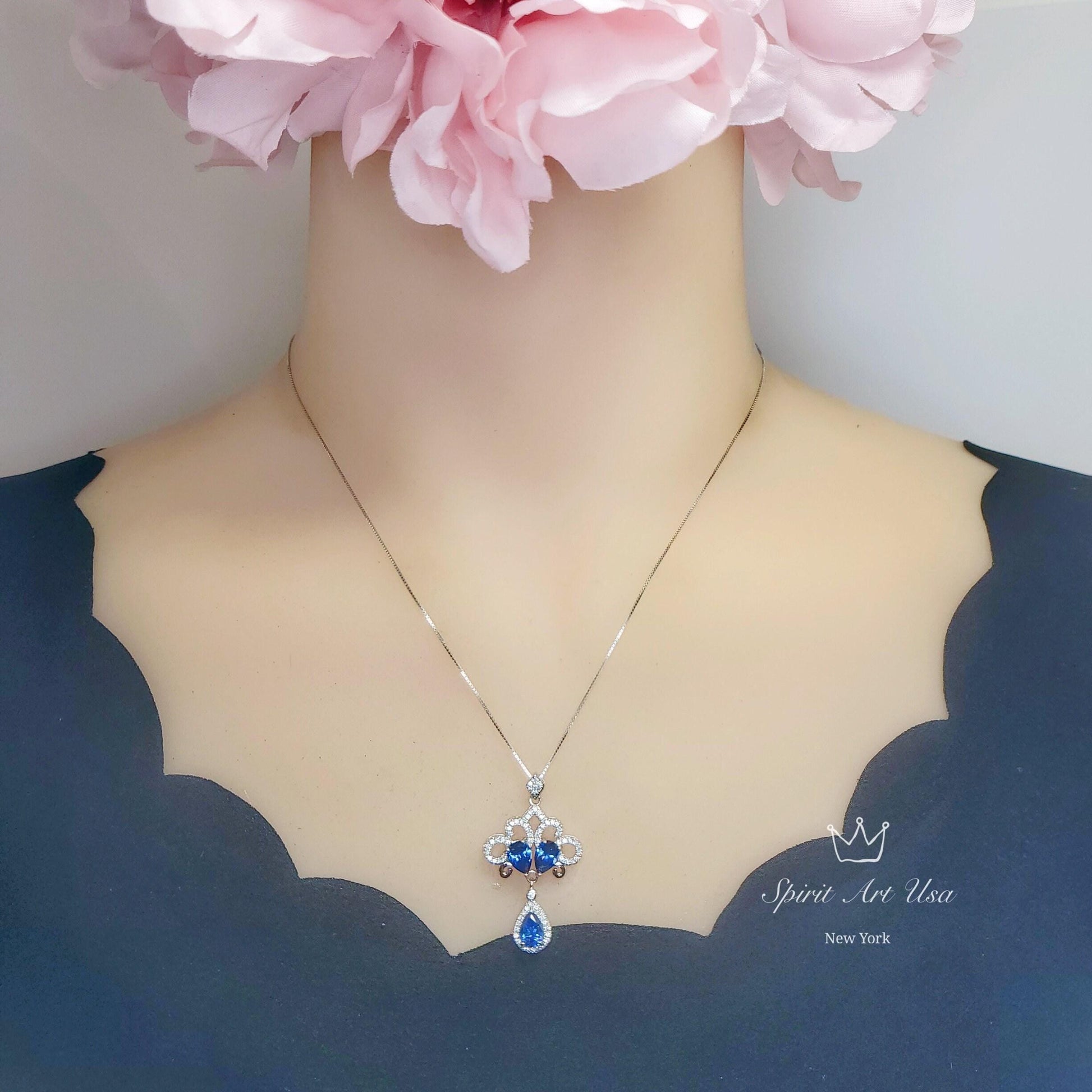 Tanzanite Necklace - Peacock Flowers Pendant - 18KGP @ Sterling Silver - Gemstone Tassel Teardrop Lab Created Blue Tanzanite Pendant #748