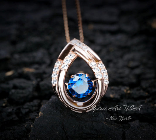 Swing Blue Sapphire Necklace - Rose Gold coated Dynamic 0.85 Ct Blue Sapphire Pendant - dynamic Sterling Silver - September Birthstone #176